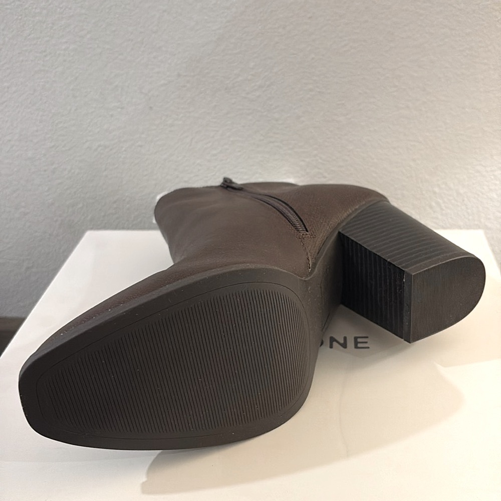 NIB [Sun + Stone] Graceyy Dark Brown Smooth Faux Leather Block Heel Booties - Picture 10 of 16